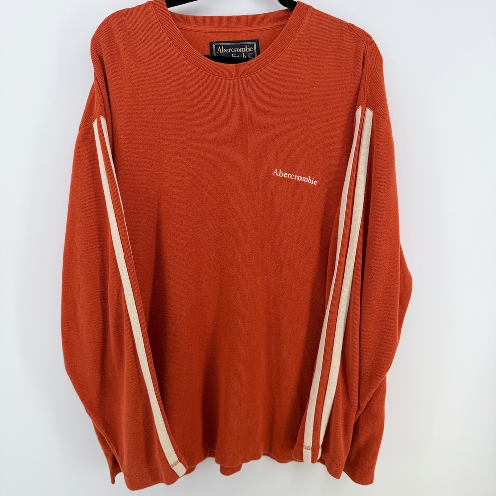 Vintage Y2K Abercrombie & Fitch Men's Orange Racing Stripe Long Sleeve – Large